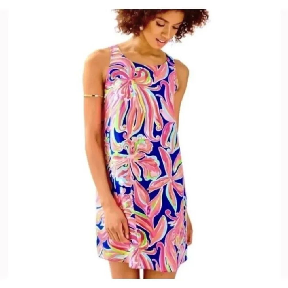Lilly Pulitzer Resort Jackie Shift Dress 100% Silk Navy Banana Flambé Size Small